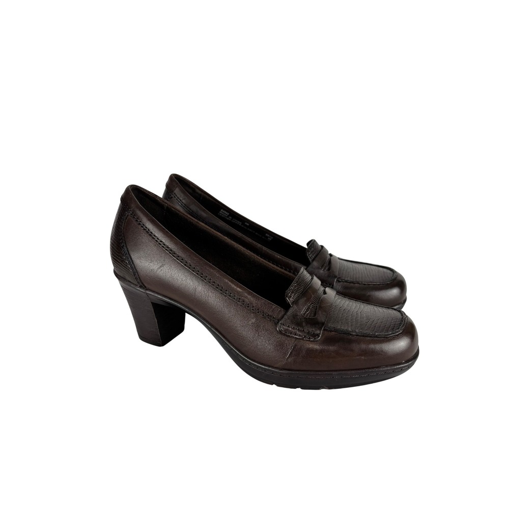 Clarks Bendables Leather Penny Loafer Heels Size 6 Dark Brown Office Career
